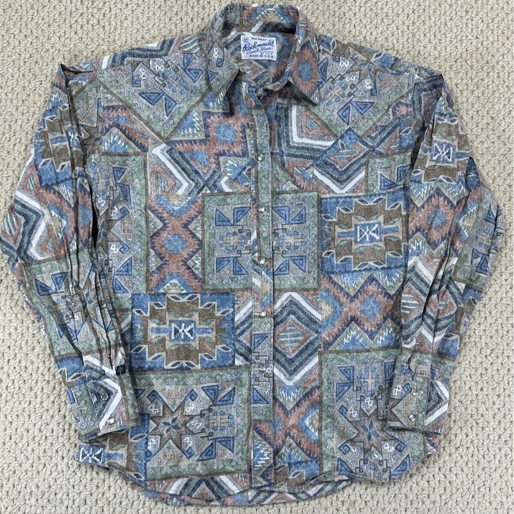 Rockmount Ranch Wear Shirt Womens M Aztec Southwestern Patchwork Pearl Snap USA